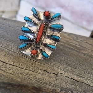 Turquoise & Coral Sterling Silver Petit Point Ring